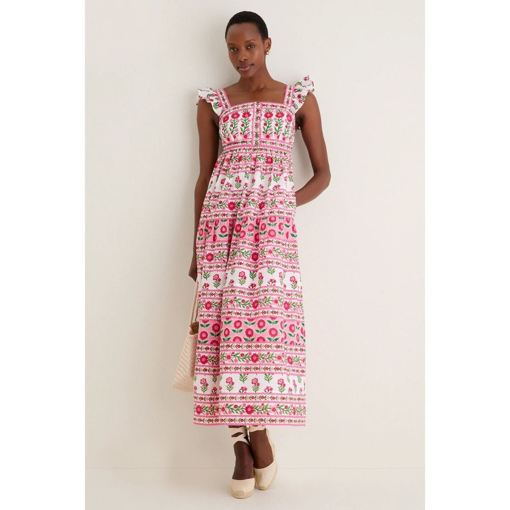 Pink City Prints Pink Floral Block Print Tiered Maxi Ruffle Sleeve Square Neck L